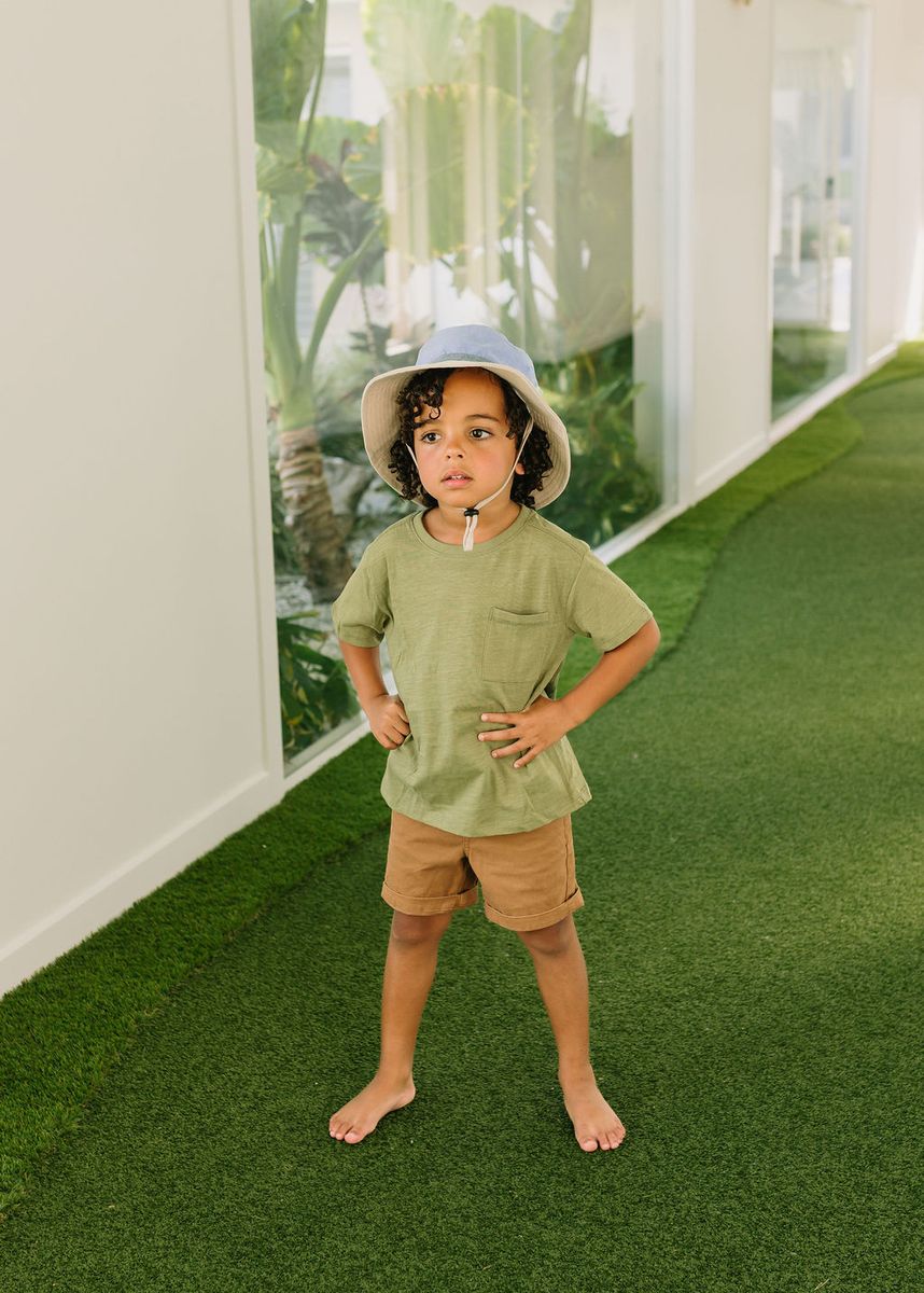 Acorn Kids Blue Colour Block Wide Brim Bucket Hat in Blue