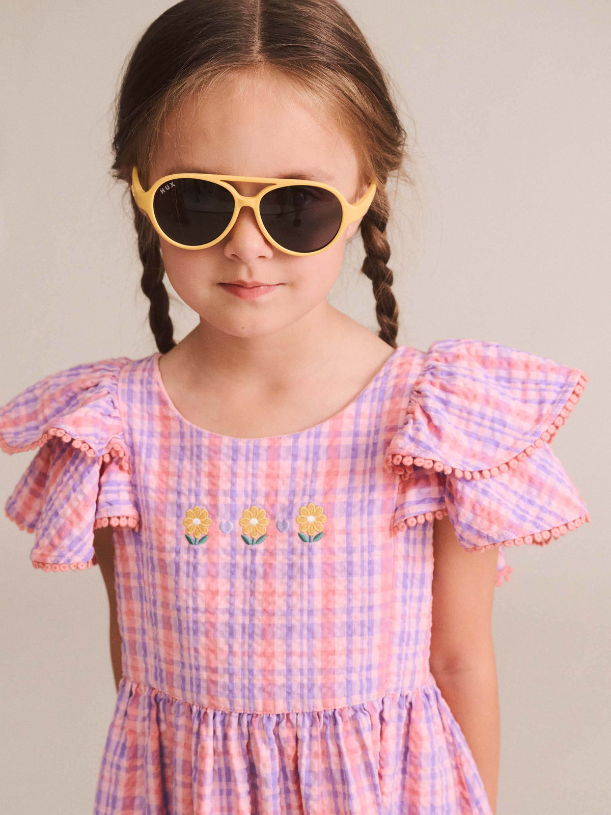 HUXBABY Floral Emb Tropical Check Dress in MULTI