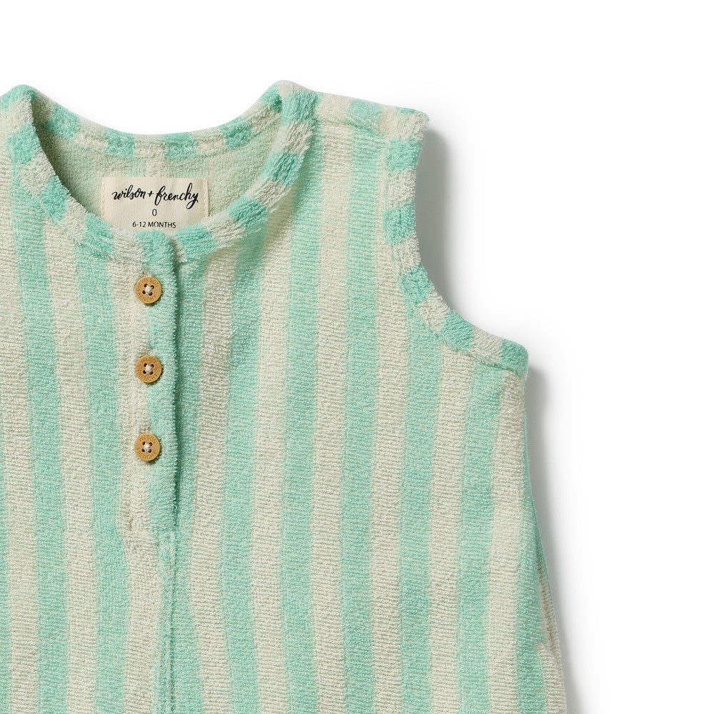 Wilson and Frenchy Seafoam Stripe Organic Terry Growsuit in Seafoam Stripe