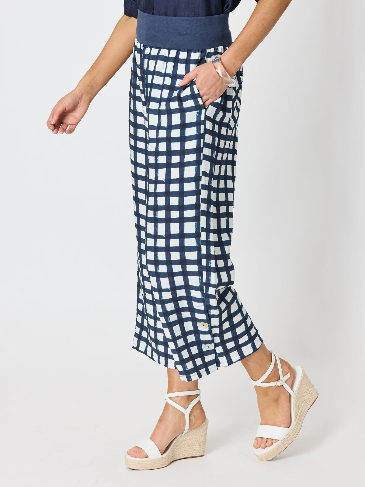 Clarity Monaco Grid Print Wide Leg Pant - Navy/White in Navy/White