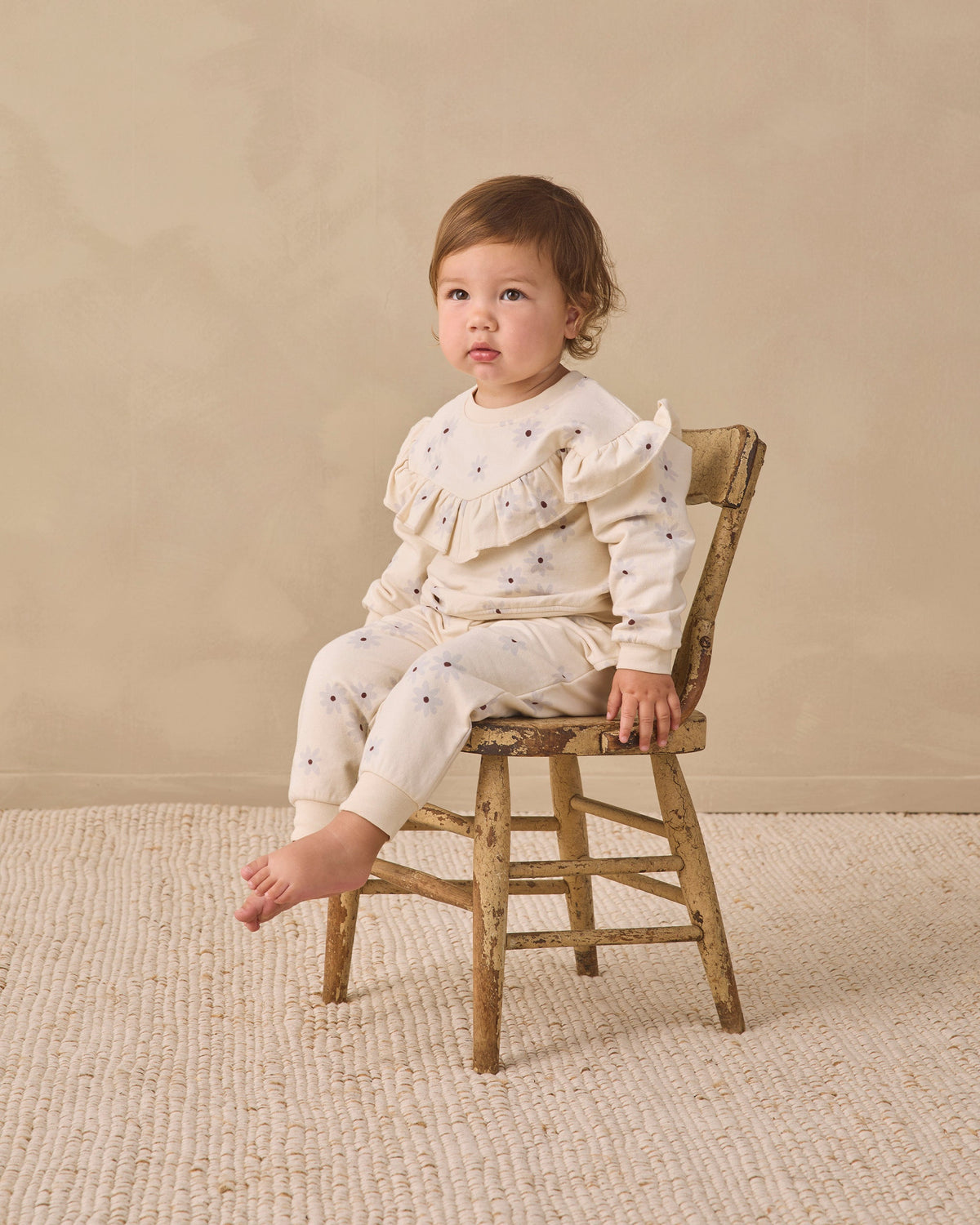 Quincy Mae Ruffle Fleece Sweatshirt Blue Daisy in NATURAL