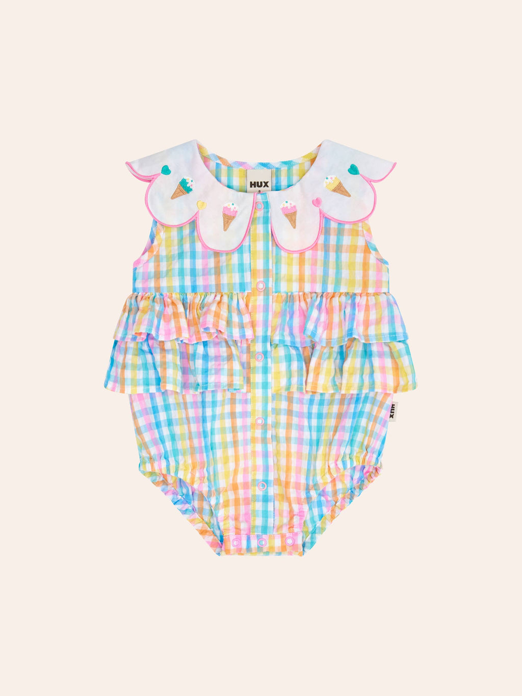 HUXBABY Ice Cream Rainbow Check Collar Romper in Single