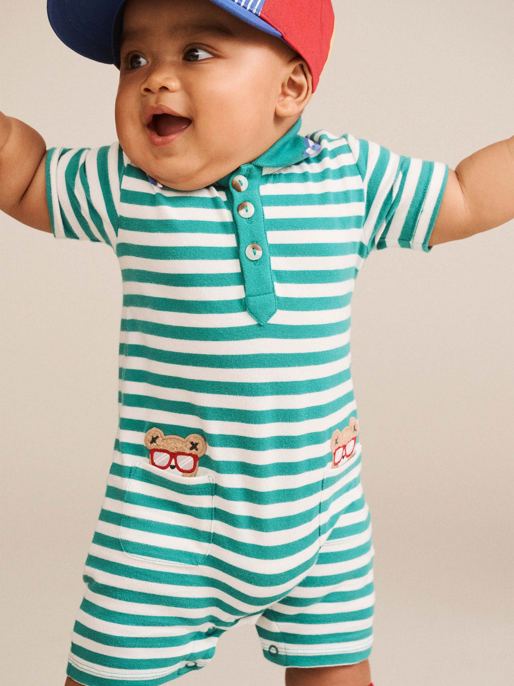 HUXBABY Green Stripe Vacay Hux Romper in VINTAGE GREEN/ALMOND MILK