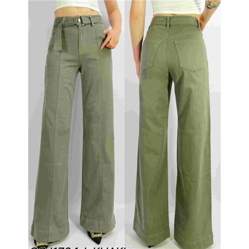 Country Denim - Stretchy Wide Leg Denim w/belt- Khaki