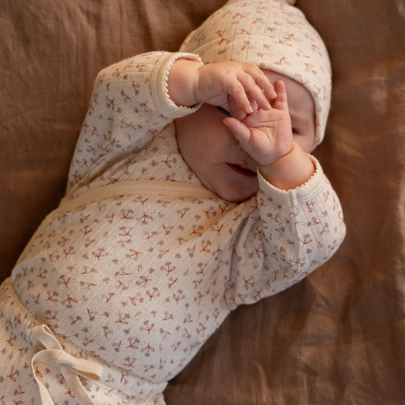 Nature Baby KNOTTED BEANIE POINTELLE in Dandelion Print