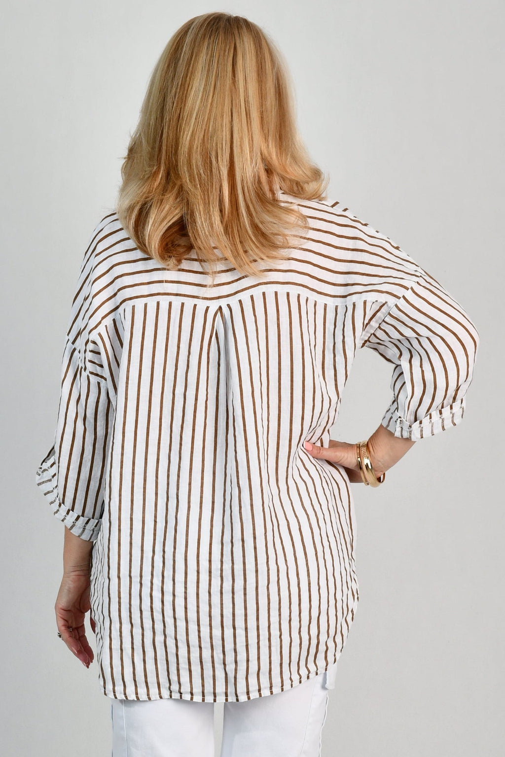 La Sofia VLST650 (26C662) -  SERENA BUTTON LINEN SHIRT - MOCHA STRIPE in Mocha Stripe