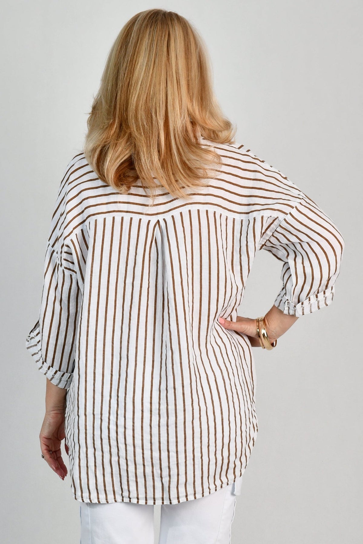 La Sofia VLST650 (26C662) -  SERENA BUTTON LINEN SHIRT - MOCHA STRIPE in Mocha Stripe