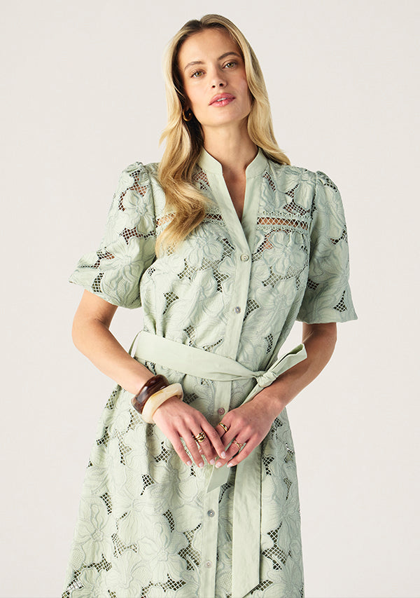 Mos The Label Whisper Embroidery Shirt Dress in Soft Grass