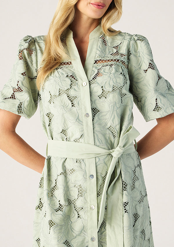 Mos The Label Whisper Embroidery Shirt Dress in Soft Grass