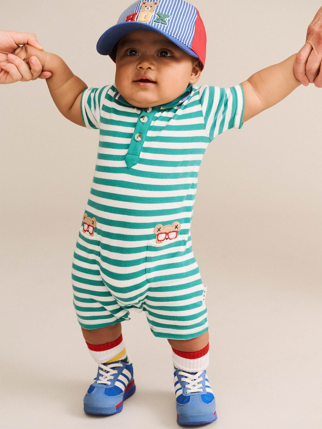 HUXBABY Green Stripe Vacay Hux Romper in VINTAGE GREEN/ALMOND MILK