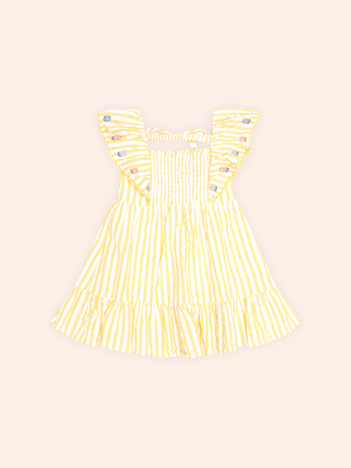 HUXBABY FLOWER FIELD STRIPE SHIRRED DRESS in GOLDEN/ALMOND MILK
