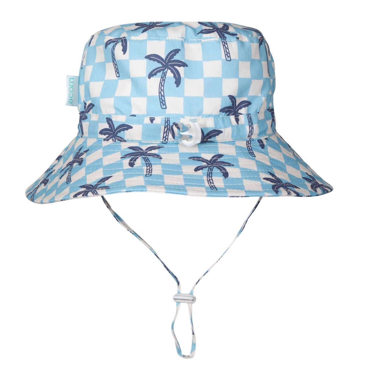 Acorn Kids Blue Checked Palms Wide Brim Bucket Hat in Blue, Cream and Navy
