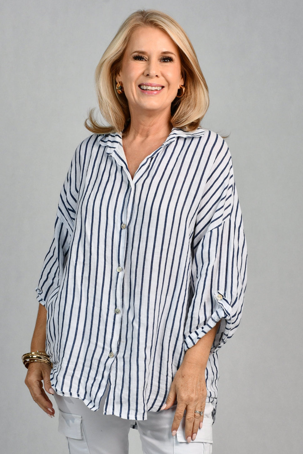 La Sofia VLST650 (26C662) -  SERENA BUTTON LINEN SHIRT - NAVY STRIPE in Navy Stripe