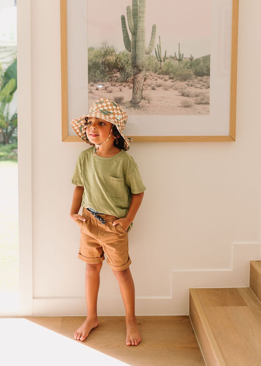 Acorn Kids Crocodile Checks Wide Brim Bucket Hat in Caramel, Cream and Green