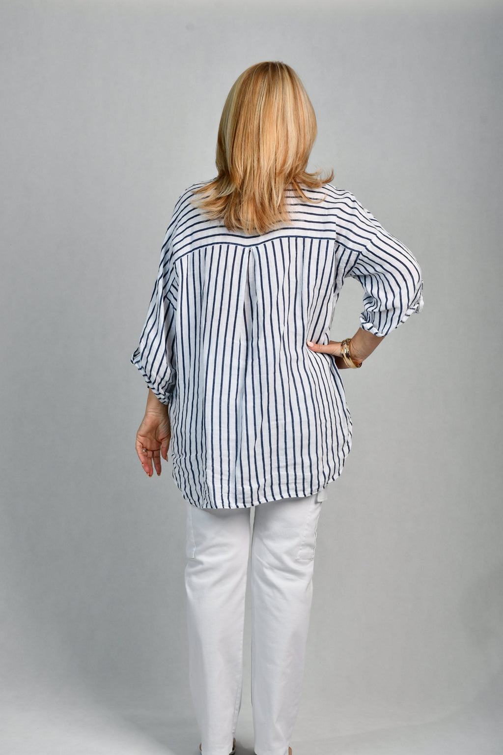 La Sofia VLST650 (26C662) -  SERENA BUTTON LINEN SHIRT - NAVY STRIPE in Navy Stripe