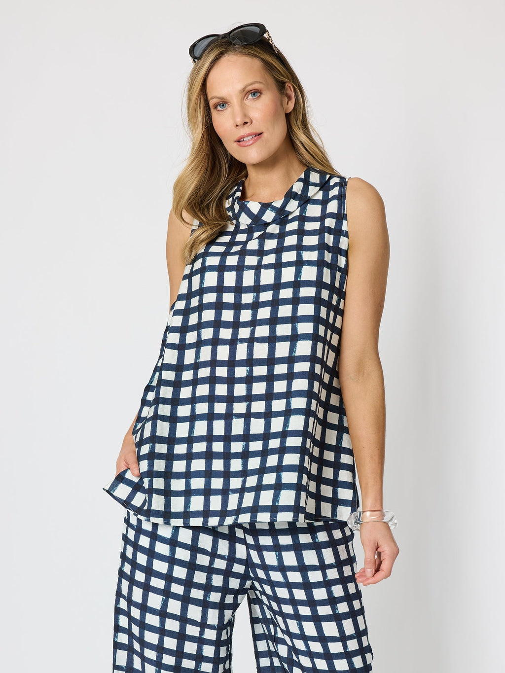 Clarity Monaco Grid Print Top - Navy/White in Navy/White