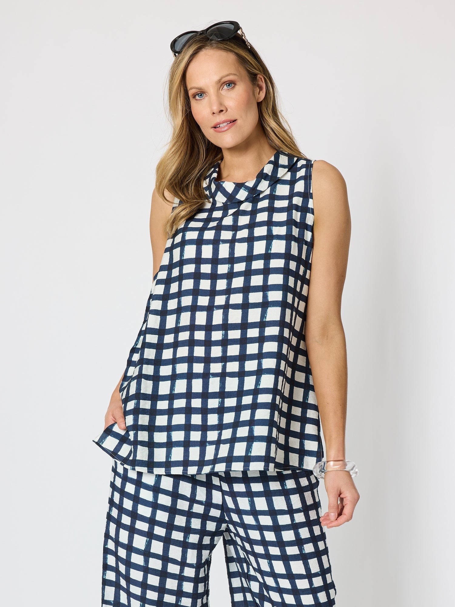 Clarity Monaco Grid Print Top - Navy/White in Navy/White