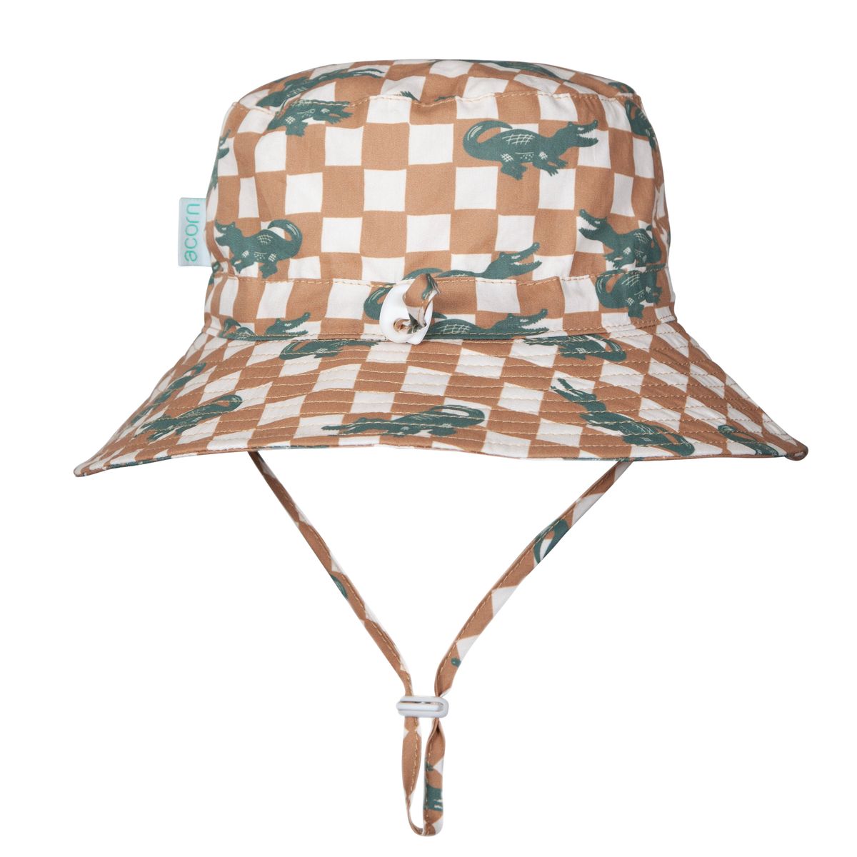 Acorn Kids Crocodile Checks Wide Brim Bucket Hat in Caramel, Cream and Green