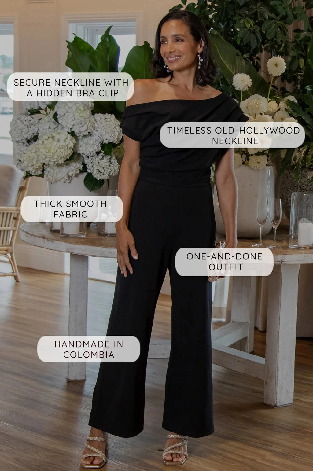 Carolina Roslyn Off Shoulder Jumpsuit Black in Single