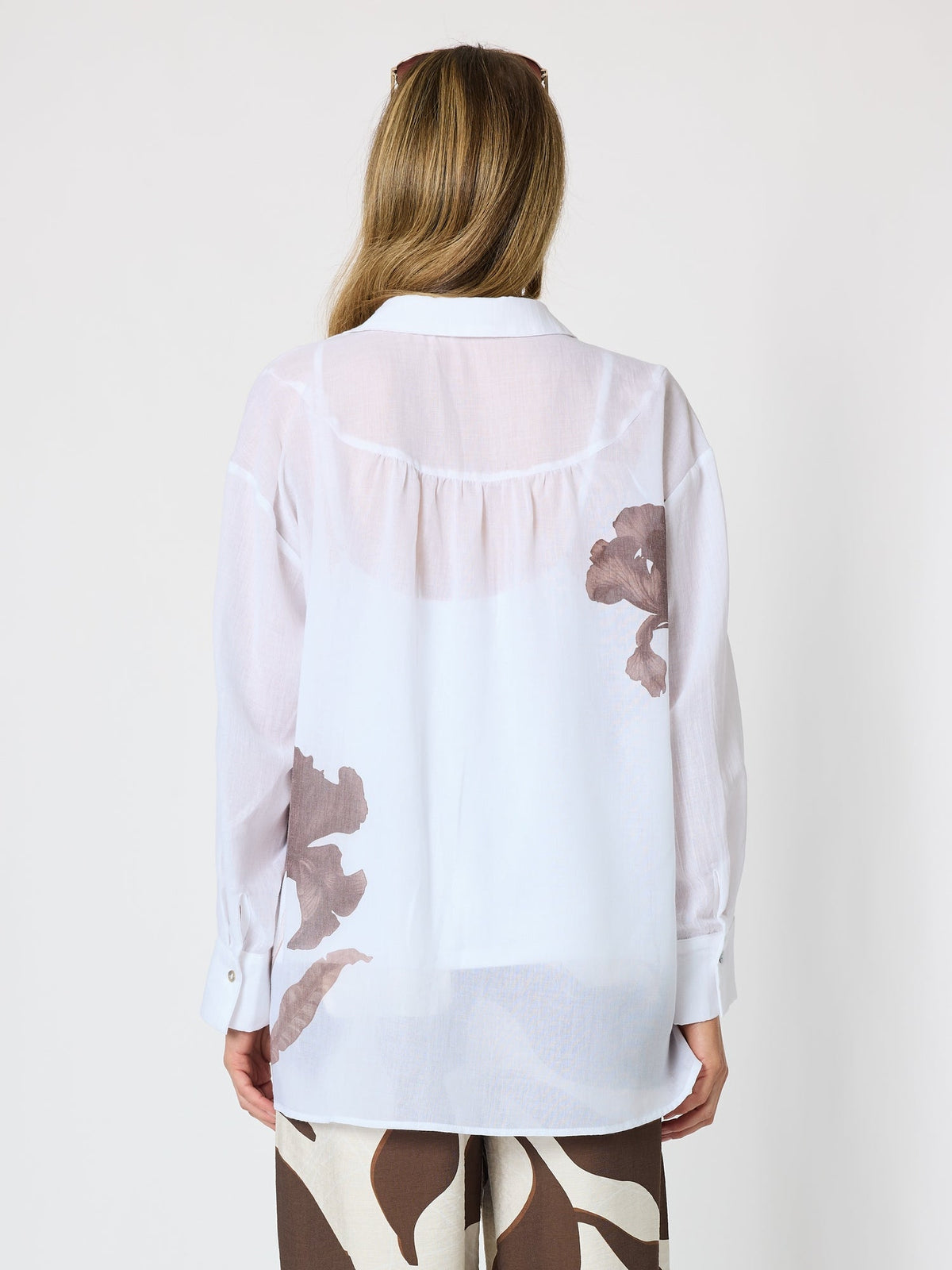 Clarity Rosa Floral Print Sheer Shirt - White Mocha in White Mocha