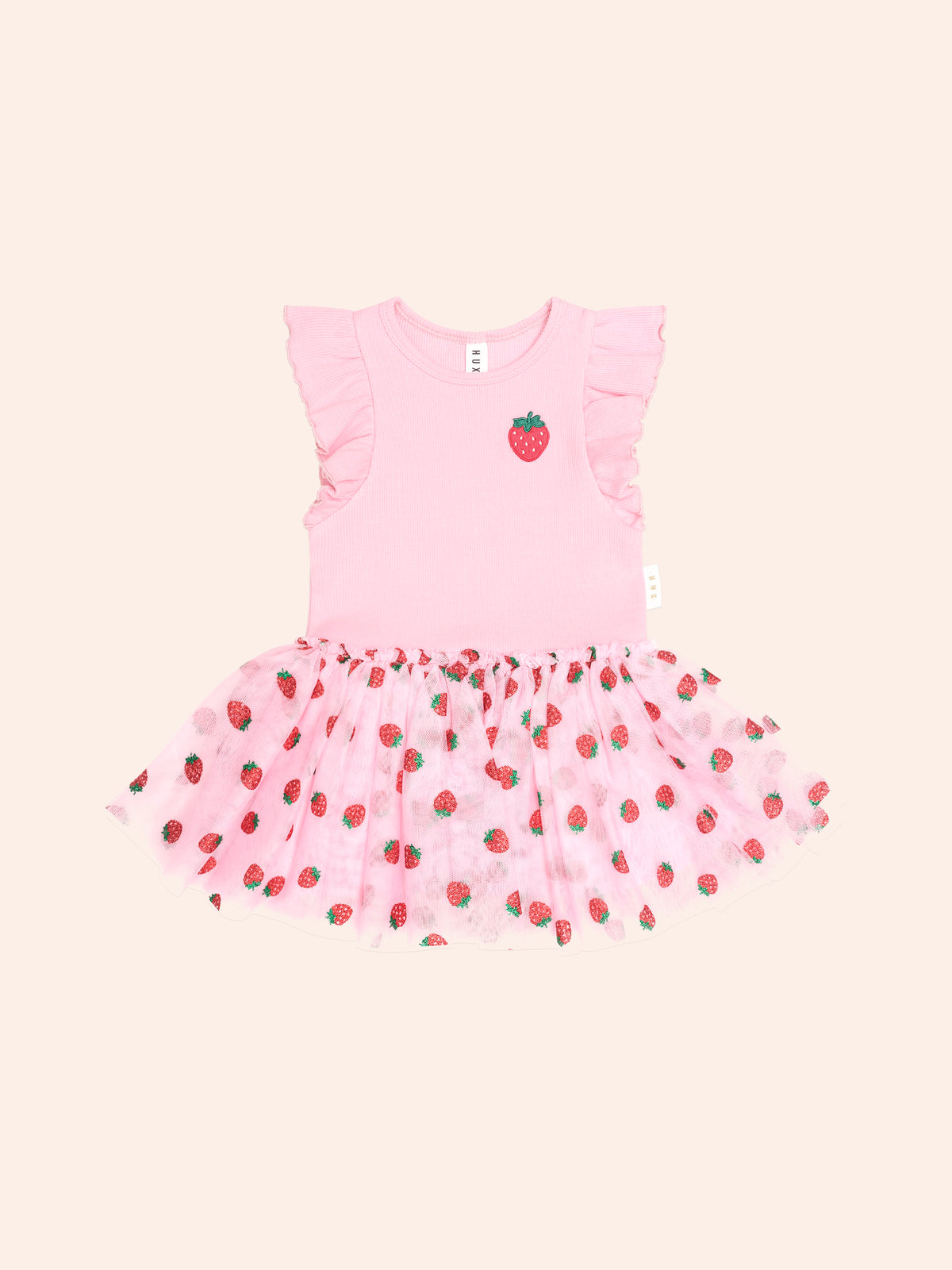 HUXBABY STRAWBERRY EMB S/SLV TULLE DRESS in STRAWBERRY CRÈME