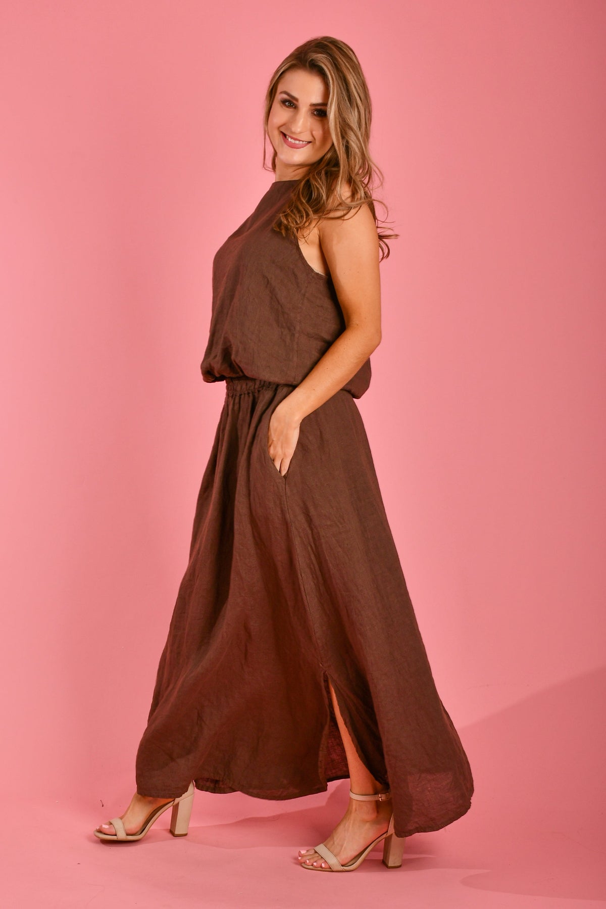 LA SOFIA VLST010 (24C071) - MILAN LINEN TANK - CHOCOLATE in Chocolate
