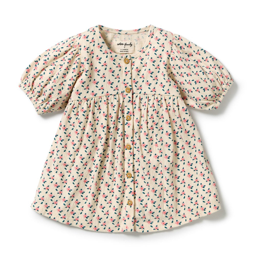 Wilson and Frenchy Little Blossom Organic Crinkle Button Dress in Little Blossom