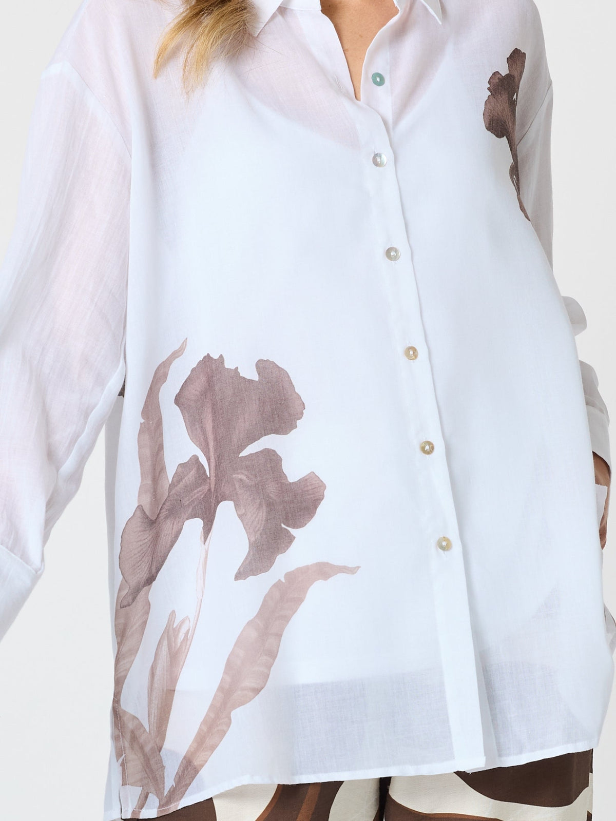 Clarity Rosa Floral Print Sheer Shirt - White Mocha in White Mocha