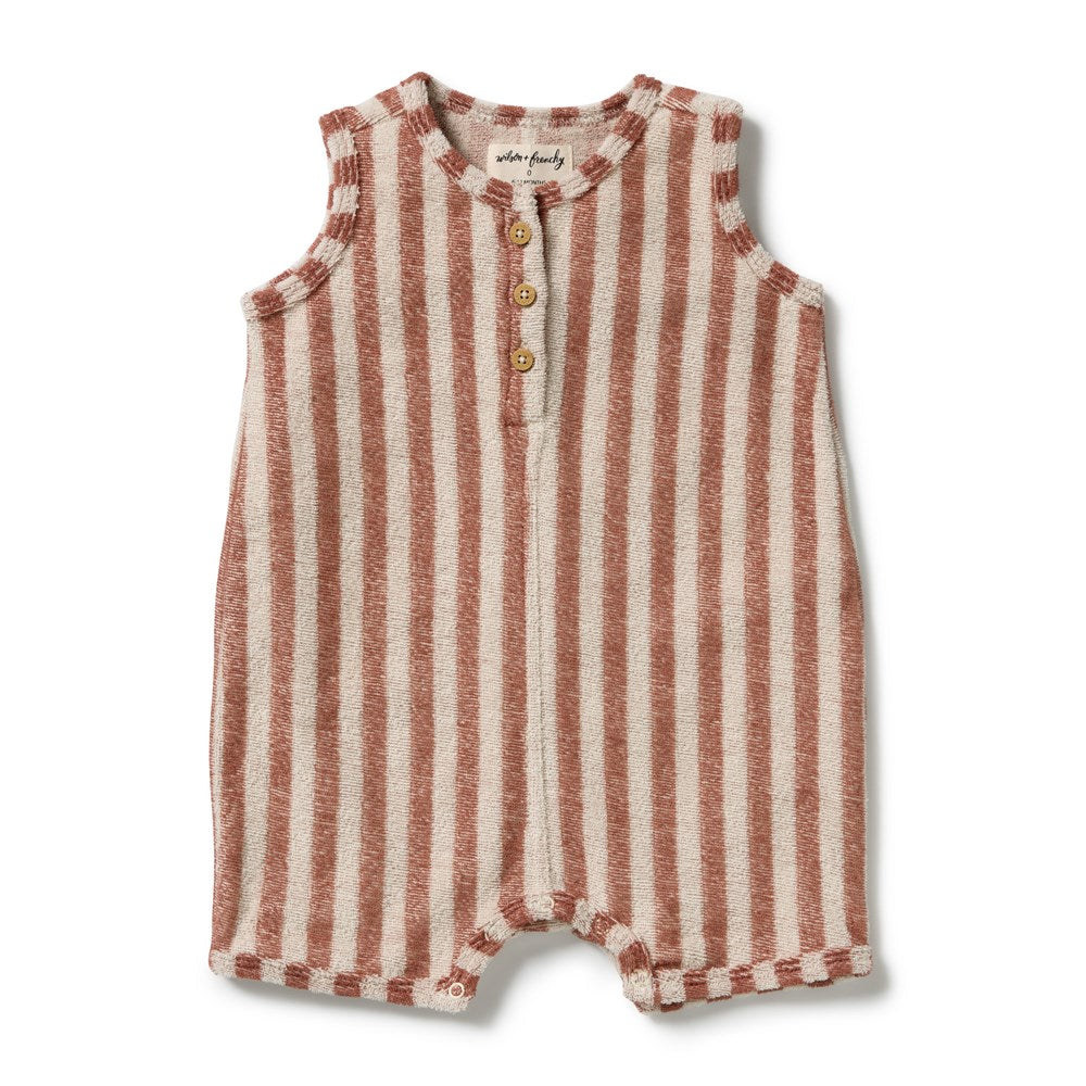 Wilson and Frenchy Cherry Cola Stripe Organic Terry Growsuit in Cherry Cola Stripe