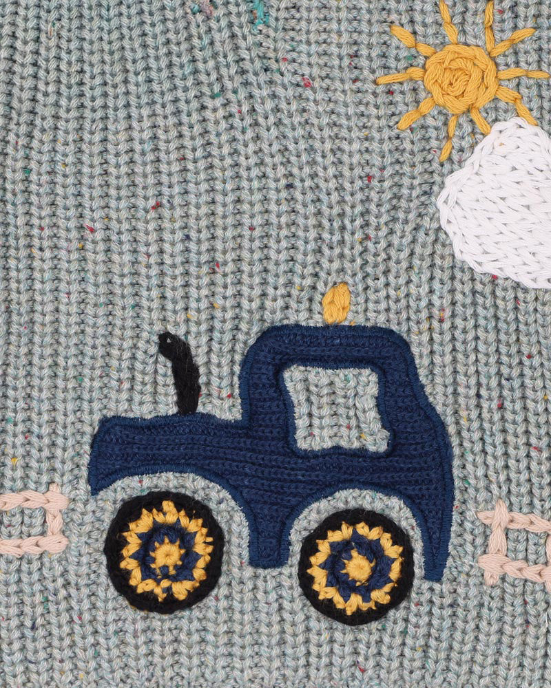 Bébé by Minihaha Hunter Tractor Knitted Jumper in GREEN