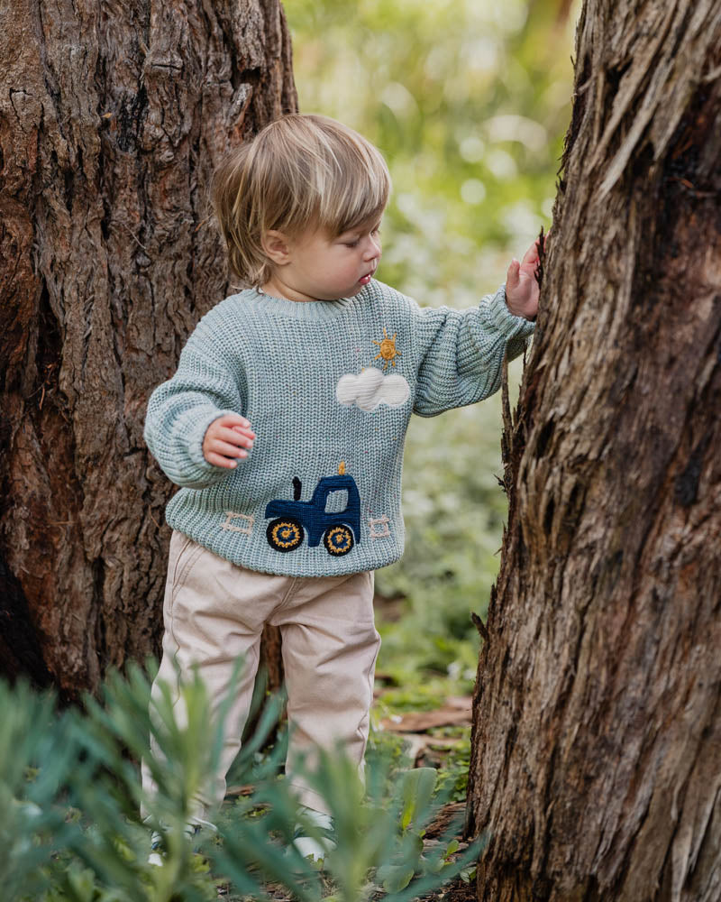 Bébé by Minihaha Hunter Tractor Knitted Jumper in GREEN