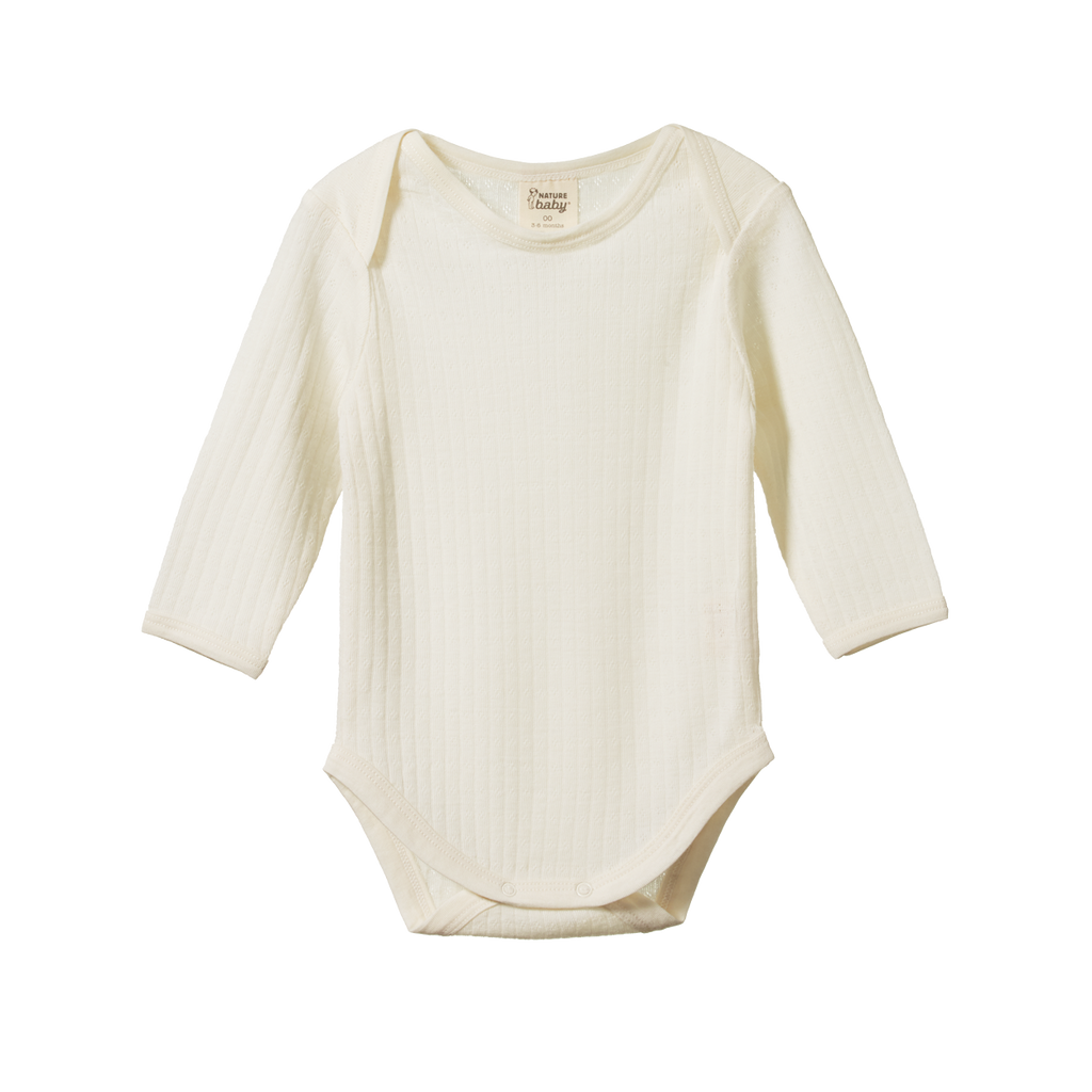 Nature Baby Merino Wool Long Sleeve Bodysuit Pointelle in Natural