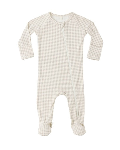 Quincy Mae Bamboo Zip Footie Oat Gingham in IVORY