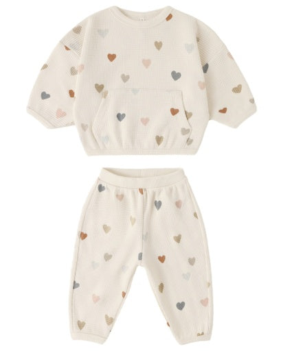Quincy Mae Waffle Sweater Set Confetti Hearts in NATURAL