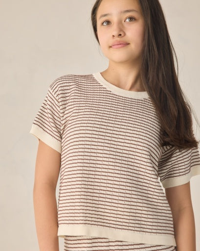 Rylee + Cru Teen Boxy Crop Knit Tee Chocolate Stripe in CHOCOLATE