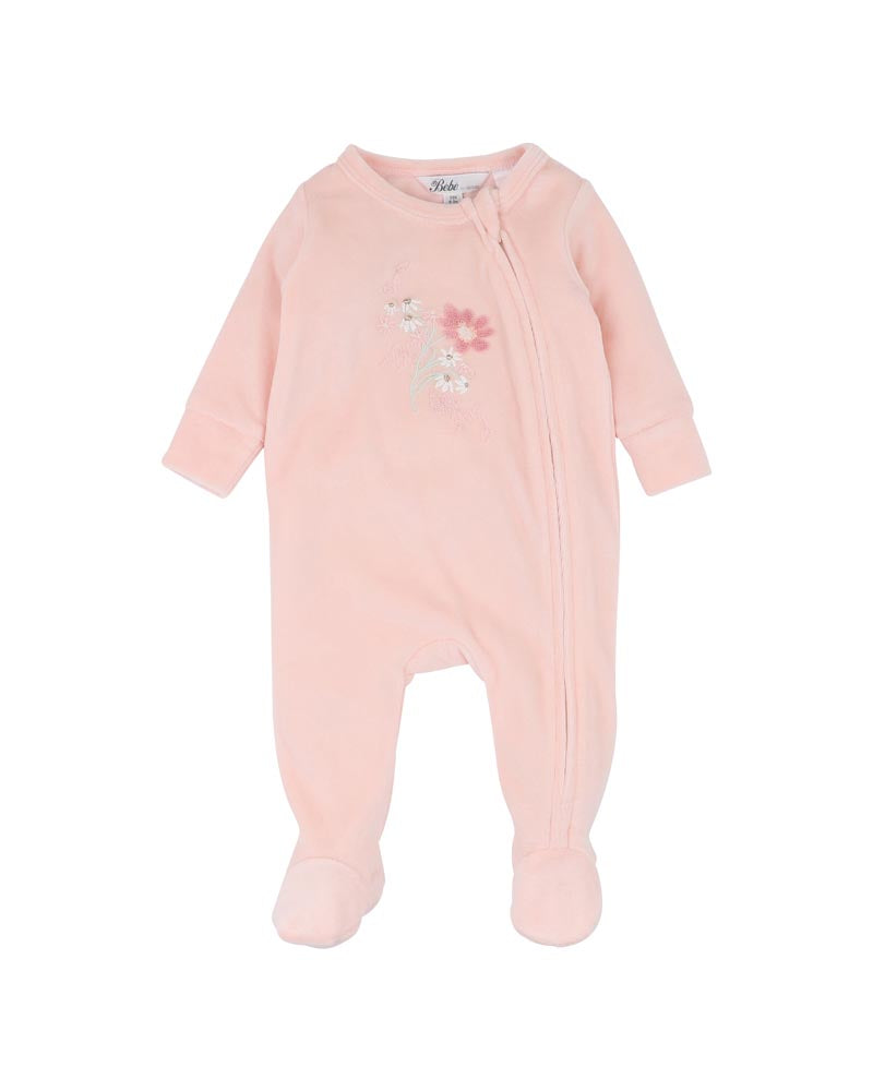 Bébé by Minihaha Fern Velour Embroidered Zip Onesie in PINK