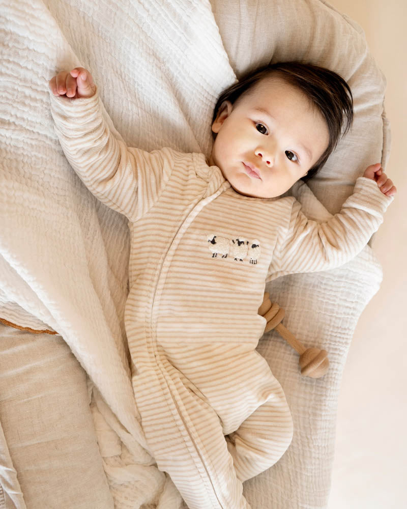 Bébé by Minihaha Hunter Stripe Velour Zip Onesie in NATURAL