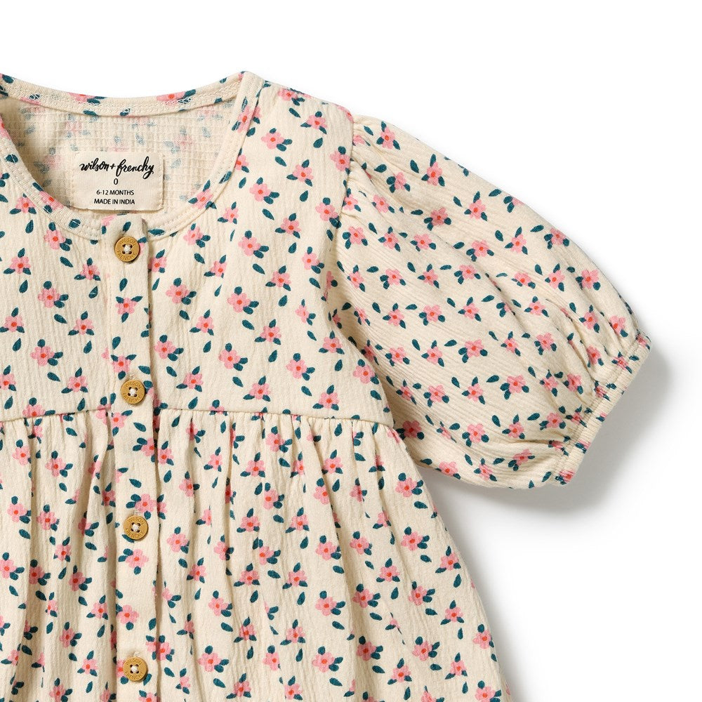 Wilson and Frenchy Little Blossom Organic Crinkle Button Dress in Little Blossom
