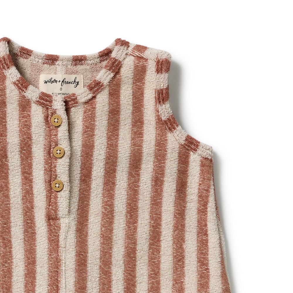 Wilson and Frenchy Cherry Cola Stripe Organic Terry Growsuit in Cherry Cola Stripe
