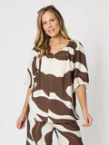Clarity Bay Leaf Print V Neck Top - Mocha Multi in Mocha Multi