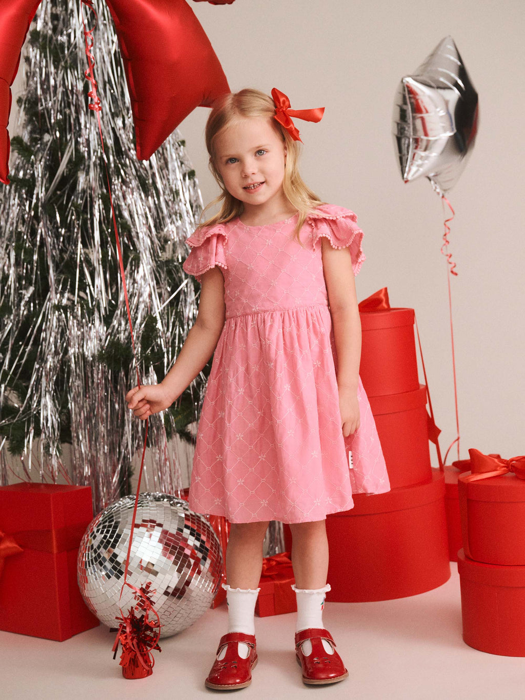 HUXBABY FLORAL BRODERIE DRESS in PEONY