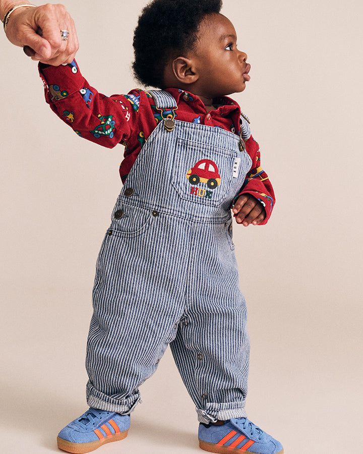 Huxbaby Car Denim Stripe Overalls in BLUE STRIPE