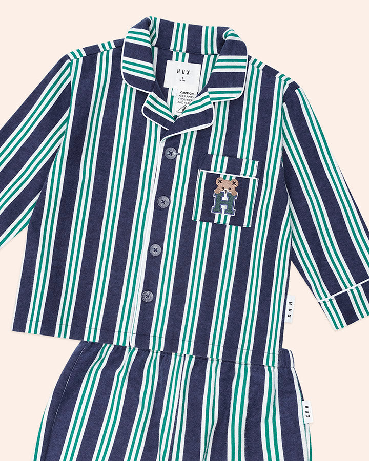 Huxbaby Classic Stripe Flannel Pj Set in NAVY/EMERALD