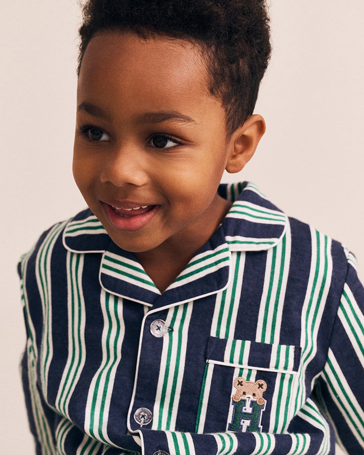 Huxbaby Classic Stripe Flannel Pj Set in NAVY/EMERALD