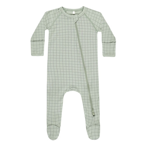 Quincy Mae - Bamboo Zip Footie - Sage Grid (QMS25)