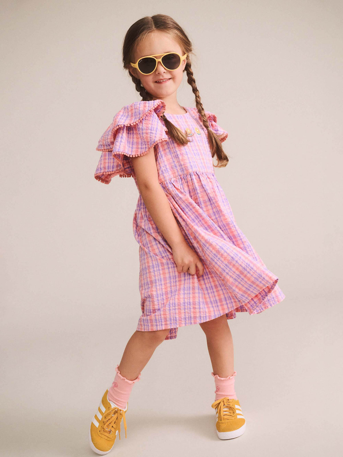 HUXBABY Floral Emb Tropical Check Dress in MULTI