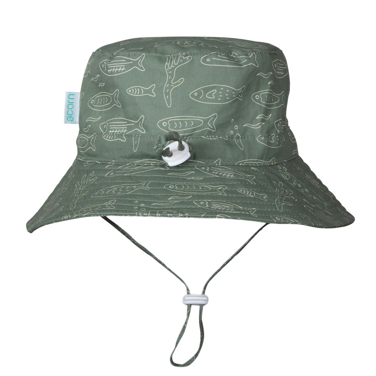 Acorn Kids School Of Fish Wide Brim Bucket Hat in Olive Green and White