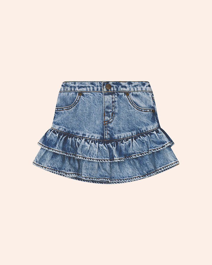 Huxbaby Dreamy Denim Tirered Skirt in DENIM BLUE