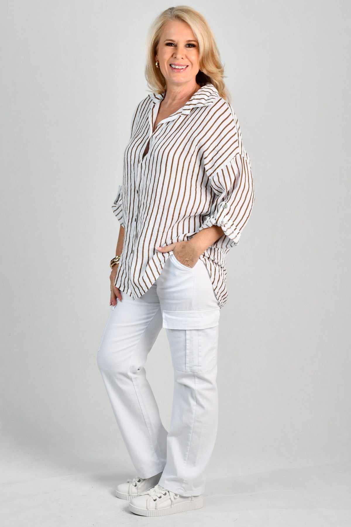 La Sofia VLST650 (26C662) -  SERENA BUTTON LINEN SHIRT - MOCHA STRIPE in Mocha Stripe