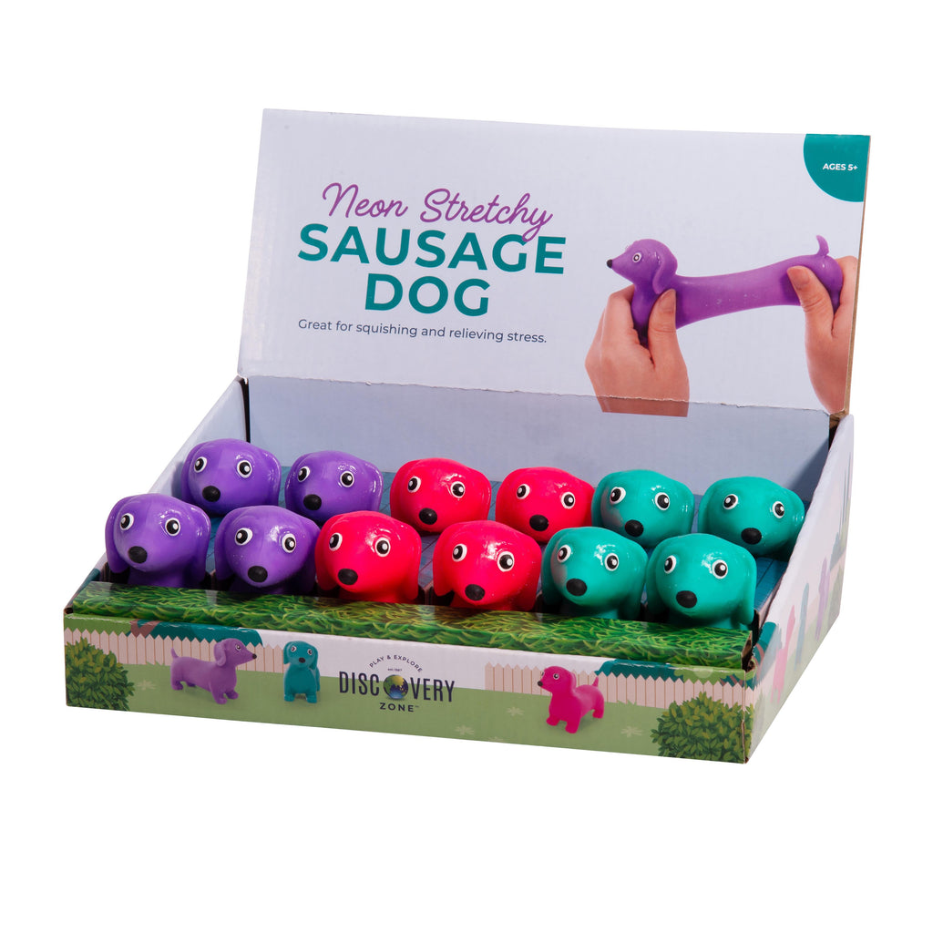 Discovery Zone Stretchy Sausage Dog - Neon Cdu 12pcs/3 Assorted in Single